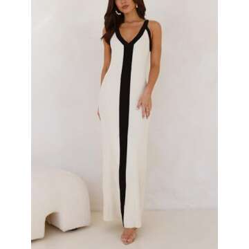 IYICLOTH Women's Sleeveless Maxi Dress 2025 Casual Color Block Bodycon Ribbed Knit Tank Party Cocktail Dresses Cream