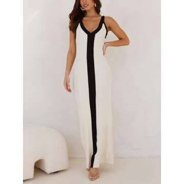 IYICLOTH Women's Sleeveless Maxi Dress 2025 Casual Color Block Bodycon Ribbed Knit Tank Party Cocktail Dresses Cream