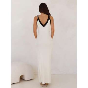 IYICLOTH Women's Sleeveless Maxi Dress 2025 Casual Color Block Bodycon Ribbed Knit Tank Party Cocktail Dresses Cream