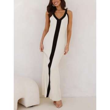 IYICLOTH Women's Sleeveless Maxi Dress 2025 Casual Color Block Bodycon Ribbed Knit Tank Party Cocktail Dresses Cream