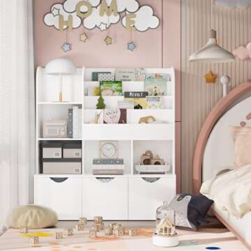 FOTOSOK 47'' Kids Bookcase and Bookshelf, Multifunctional Bookcase with 5 Storage Cubbies and 3 Mova...