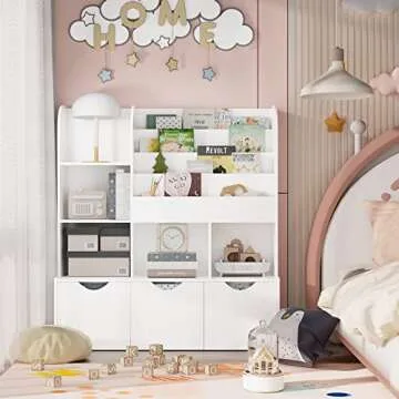 FOTOSOK 47'' Kids Bookcase and Bookshelf, Multifunctional Bookcase with 5 Storage Cubbies and 3 Mova...