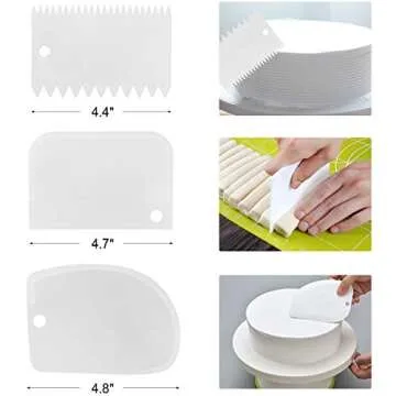 4 Packs Offset Spatula, Stainless Steel Cake Icing Spatula Set 4” 6” 8” 10”with Wooden Handle and 3 Packs Cake Smoother Scraper Set for Cake Decorating, Baking (Angled)
