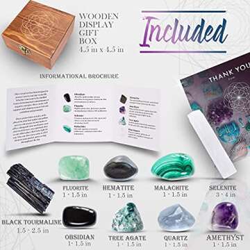 CRYSTALYA Protection Crystals and Healing Stones,100% Authentic, Wooden Gift Box + 50pg EBOOK- Obsidian, Fluorite, Malachite, Hematite, Amethyst, Selenite, Tourmaline + Info Guide, Made in USA