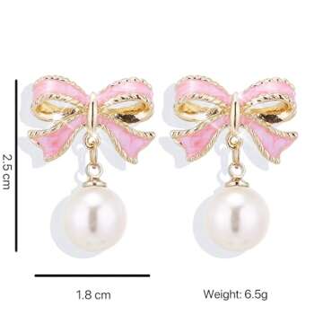 Gold Pearl Bow Earrings For Women Trendy Pink Coquette Drop Stud Ribbon Silver Earrings Dangle Jewel...