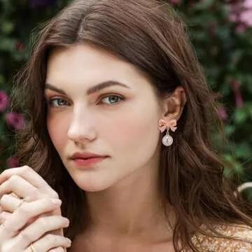 Gold Pearl Bow Earrings For Women Trendy Pink Coquette Drop Stud Ribbon Silver Earrings Dangle Jewelry - Unique Gifts For Wife Valentines Day Preppy Cute Teen Accessories 2025 (pink gold)