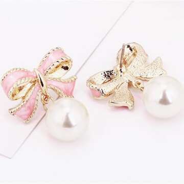 Gold Pearl Bow Earrings For Women Trendy Pink Coquette Drop Stud Ribbon Silver Earrings Dangle Jewelry - Unique Gifts For Wife Valentines Day Preppy Cute Teen Accessories 2025 (pink gold)