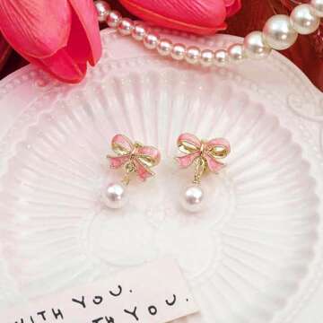 Gold Pearl Bow Earrings For Women Trendy Pink Coquette Drop Stud Ribbon Silver Earrings Dangle Jewelry - Unique Gifts For Wife Valentines Day Preppy Cute Teen Accessories 2025 (pink gold)