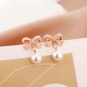 Gold Pearl Bow Earrings For Women Trendy Pink Coquette Drop Stud Ribbon Silver Earrings Dangle Jewelry - Unique Gifts For Wife Valentines Day Preppy Cute Teen Accessories 2025 (pink gold)