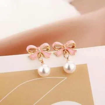 Gold Pearl Bow Earrings For Women Trendy Pink Coquette Drop Stud Ribbon Silver Earrings Dangle Jewelry - Unique Gifts For Wife Valentines Day Preppy Cute Teen Accessories 2025 (pink gold)