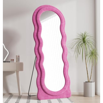 Dewfig Full Length Mirror, 63" x 24"Irregular Wavy Mirror, Large Floor Length Mirror Wall Mounted, Standing Wavy Mirror with Flannel Wrapped Wooden Frame for Bedroom/Living Room, Hot Pink