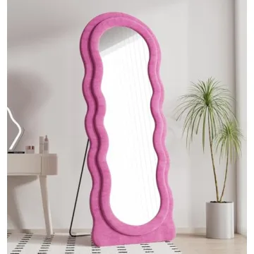 Dewfig Full Length Mirror, 63" x 24"Irregular Wavy Mirror, Large Floor Length Mirror Wall Mounted, Standing Wavy Mirror with Flannel Wrapped Wooden Frame for Bedroom/Living Room, Hot Pink