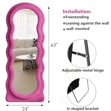 Dewfig Full Length Mirror, 63" x 24"Irregular Wavy Mirror, Large Floor Length Mirror Wall Mounted, Standing Wavy Mirror with Flannel Wrapped Wooden Frame for Bedroom/Living Room, Hot Pink