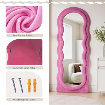Dewfig Full Length Mirror, 63" x 24"Irregular Wavy Mirror, Large Floor Length Mirror Wall Mounted, Standing Wavy Mirror with Flannel Wrapped Wooden Frame for Bedroom/Living Room, Hot Pink