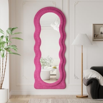 Dewfig Full Length Mirror, 63" x 24"Irregular Wavy Mirror, Large Floor Length Mirror Wall Mounted, Standing Wavy Mirror with Flannel Wrapped Wooden Frame for Bedroom/Living Room, Hot Pink
