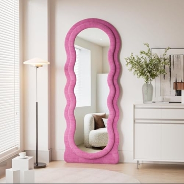 Dewfig Full Length Mirror, 63" x 24"Irregular Wavy Mirror, Large Floor Length Mirror Wall Mounted, Standing Wavy Mirror with Flannel Wrapped Wooden Frame for Bedroom/Living Room, Hot Pink