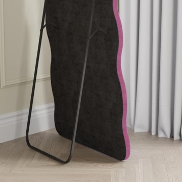 Dewfig Full Length Mirror, 63" x 24"Irregular Wavy Mirror, Large Floor Length Mirror Wall Mounted, Standing Wavy Mirror with Flannel Wrapped Wooden Frame for Bedroom/Living Room, Hot Pink