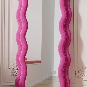 Dewfig Full Length Mirror, 63" x 24"Irregular Wavy Mirror, Large Floor Length Mirror Wall Mounted, Standing Wavy Mirror with Flannel Wrapped Wooden Frame for Bedroom/Living Room, Hot Pink