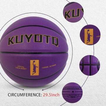 KUYOTQ Official Size 7 Purple Basketball in&Outdoor Basketball 29.5" for Adult&Youth Soft Touch Faux Leather Basketball,Deep Channel Excellent Hand Feel Durable Indoor&Outdoor Basketball(with Pump)