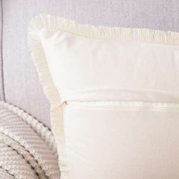 MADIZZ Set of 2 Suede Throw Pillow Covers with Fringe Tassels 22x22 Inch Beige Soft Decorative Cushion Cover for Sofa Bedroom Pillow Shell