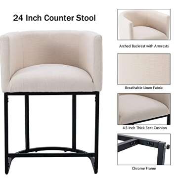 RIVOVA Contemporary Cream Linen Bar Stools Set of 3, 24" Upholstered Fabric Counter Height Barstools Kitchen Counter Island Stools with Screwed Together Black Metal Base