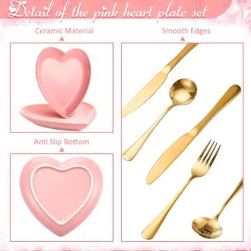 Suclain 14 Pcs Valentine's Day Heart Shaped Dish Set Include 4 Matte Heart Shaped Ceramic Dinner Plate, 2 Pink Heart Shaped Bowls, 2 Ceramic Coffee Mug, 6 Gold Cutlery Set for Party(Pink)