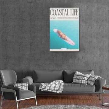 Vintage Surf Poster, Western Girl Beach Print, Summer Beach Newspaper Canvas Wall Art, Aesthetic Roo...