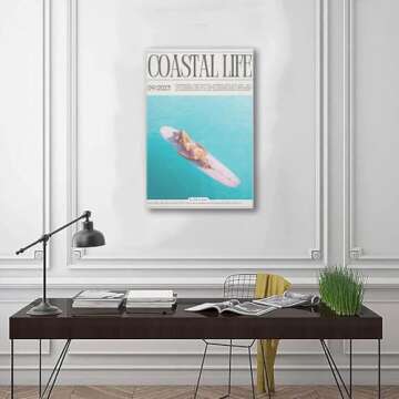 Vintage Surf Poster, Western Girl Beach Print, Summer Beach Newspaper Canvas Wall Art, Aesthetic Room Decoration for Beach Lovers (C,24x36inch Unframe)