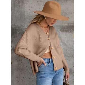 ANRABESS Women Cardigan Sweaters 2024 Fall Oversized Button Open Front Knit Lightweight Cardigans Fall Outfits Outerwear Khaki Medium