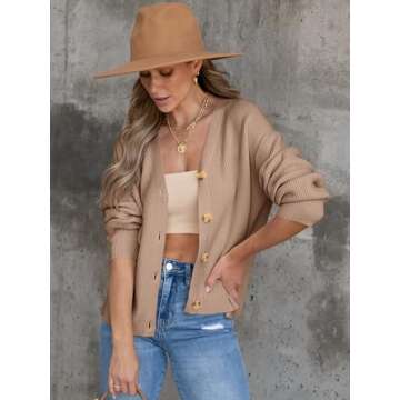 ANRABESS Women Cardigan Sweaters 2024 Fall Oversized Button Open Front Knit Lightweight Cardigans Fall Outfits Outerwear Khaki Medium
