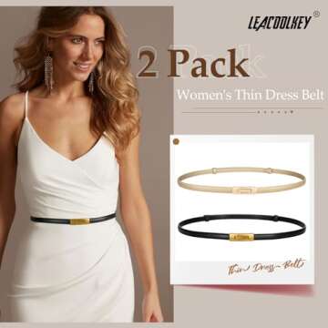 LEACOOLKEY 2 Pack Women Skinny Leather Belts - Elegant & Adjustable Distinctive Design