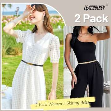 LEACOOLKEY 2 Pack Women Skinny Leather Belts for Stylish Looks