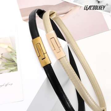 LEACOOLKEY 2 Pack Women Skinny Leather Belts for Stylish Looks