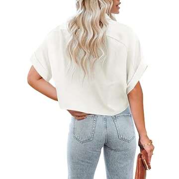 Tankaneo Womens Casual Short Sleeve Button Down Cropped Shirts Collared Summer Crop Tops Solid Color Short Blouse Shirt