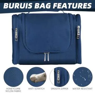 Buruis Large Capacity Toiletry Bag for Women and Men, Hanging Toiletry Organizer Cosmetics Makeup Bag, Water-resistant Dopp kit Shaving Bag for Full Sized Toiletries, Travel Essentials (Blue)