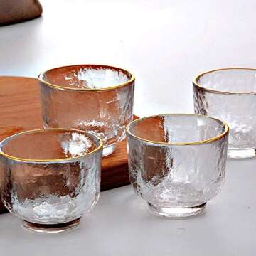 BOLLAER Sake Pot Set, Japanese Cold Sake Glasses, Clear Unique Trendy Floating Design, 1 Sake Carafe Bottle 1 Sake Tank and 4 Saki Cups for Cold/Warm/Hot Sake, Birthday Housewarming Gift Set