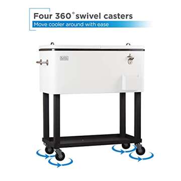 BLACK+DECKER Mobile Cooler on Wheels, 20 Gallon Insulated Rolling Cart with Stainless Steel Bottle Opener, Bar Cart with Wheels and Beverage Cooler with Drain, Ice Chest with Wheels, White