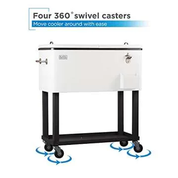 BLACK+DECKER Mobile Cooler on Wheels, 20 Gallon Insulated Rolling Cart with Stainless Steel Bottle Opener, Bar Cart with Wheels and Beverage Cooler with Drain, Ice Chest with Wheels, White