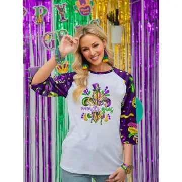 OCURHU Mardi Gras Tops for Women 3/4 Sleeve Tuesday Shirt Funny Mask Graphic Tee New Orleans Carniva...