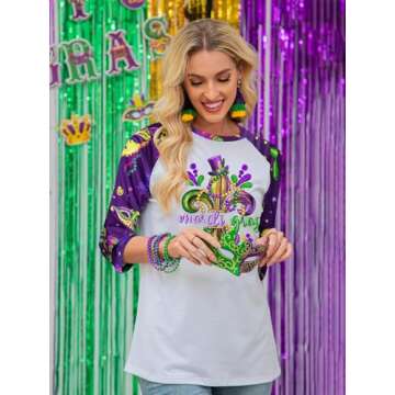 OCURHU Mardi Gras Tops for Women 3/4 Sleeve Tuesday Shirt Funny Mask Graphic Tee New Orleans Carnival Party Outfit Purple S