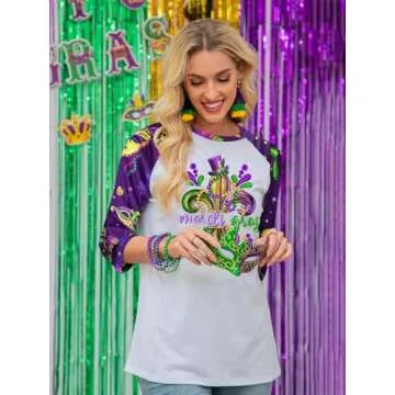 OCURHU Mardi Gras Tops for Women 3/4 Sleeve Tuesday Shirt Funny Mask Graphic Tee New Orleans Carnival Party Outfit Purple S