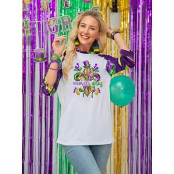 OCURHU Mardi Gras Tops for Women 3/4 Sleeve Tuesday Shirt Funny Mask Graphic Tee New Orleans Carnival Party Outfit Purple S