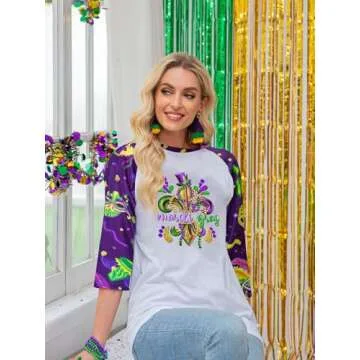 OCURHU Mardi Gras Tops for Women 3/4 Sleeve Tuesday Shirt Funny Mask Graphic Tee New Orleans Carnival Party Outfit Purple S