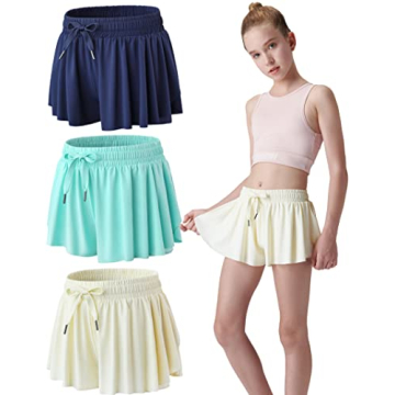 3 Pack Girls Flowy Shorts with Spandex Liner 2-in-1 Youth Butterfly Skirts for Fitness, Running, Spo...