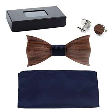 Mens Wooden Bow Tie with Matching Pocket Square Cufflinks Set Classic Handmade (dark blue)