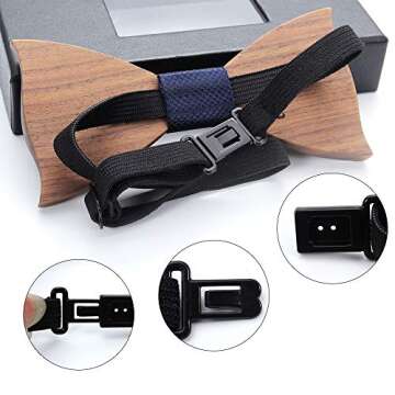 Mens Wooden Bow Tie with Matching Pocket Square Cufflinks Set Classic Handmade (dark blue)