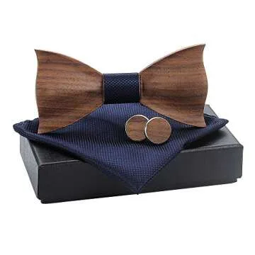 Mens Wooden Bow Tie with Matching Pocket Square Cufflinks Set Classic Handmade (dark blue)
