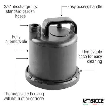 SICCE Ultra Zero 793 GPH Multi-Purpose Water Pump | Garden Hose Connection Portable Handle | Ultra Quiet Durable Aquarium Fish Tank Fountain Pond Hydroponics Terrarium Black | Freshwater & Saltwater