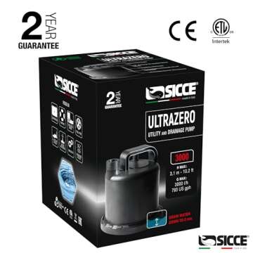 SICCE Ultra Zero 793 GPH Multi-Purpose Water Pump | Garden Hose Connection Portable Handle | Ultra Quiet Durable Aquarium Fish Tank Fountain Pond Hydroponics Terrarium Black | Freshwater & Saltwater
