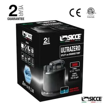 SICCE Ultra Zero 793 GPH Multi-Purpose Water Pump | Garden Hose Connection Portable Handle | Ultra Quiet Durable Aquarium Fish Tank Fountain Pond Hydroponics Terrarium Black | Freshwater & Saltwater